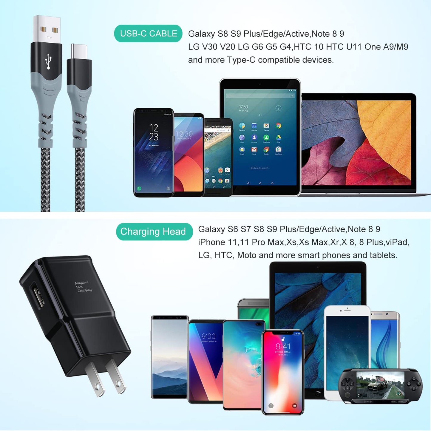 Adaptive Fast Charger with 10Ft USB-C Cable - Fast Charge 3.0 Adapter for Galaxy A13/A14/A03s, S23/S22/S21/S20/S8/9+/10e, Note 8/9 - 2Pack (Black)