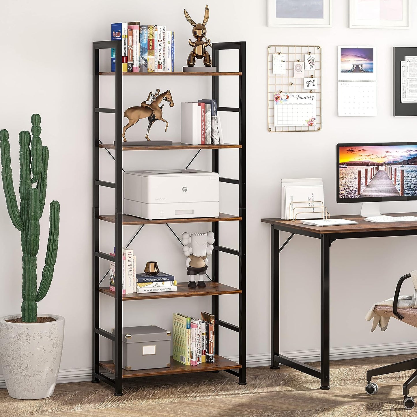 Rustic 5-Tier Industrial Bookshelf - 24x11.8x63 inches, Wood and Metal, Open Shelves, Living Room, Bedroom.