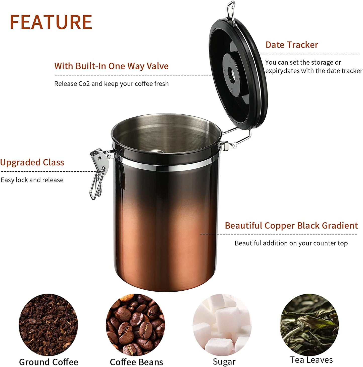 Gradient Coffee Canister - 12oz Stainless Steel Airtight Container for Kitchen Food Storage - Features Date Tracker Lid - Stylish Dark Copper Design