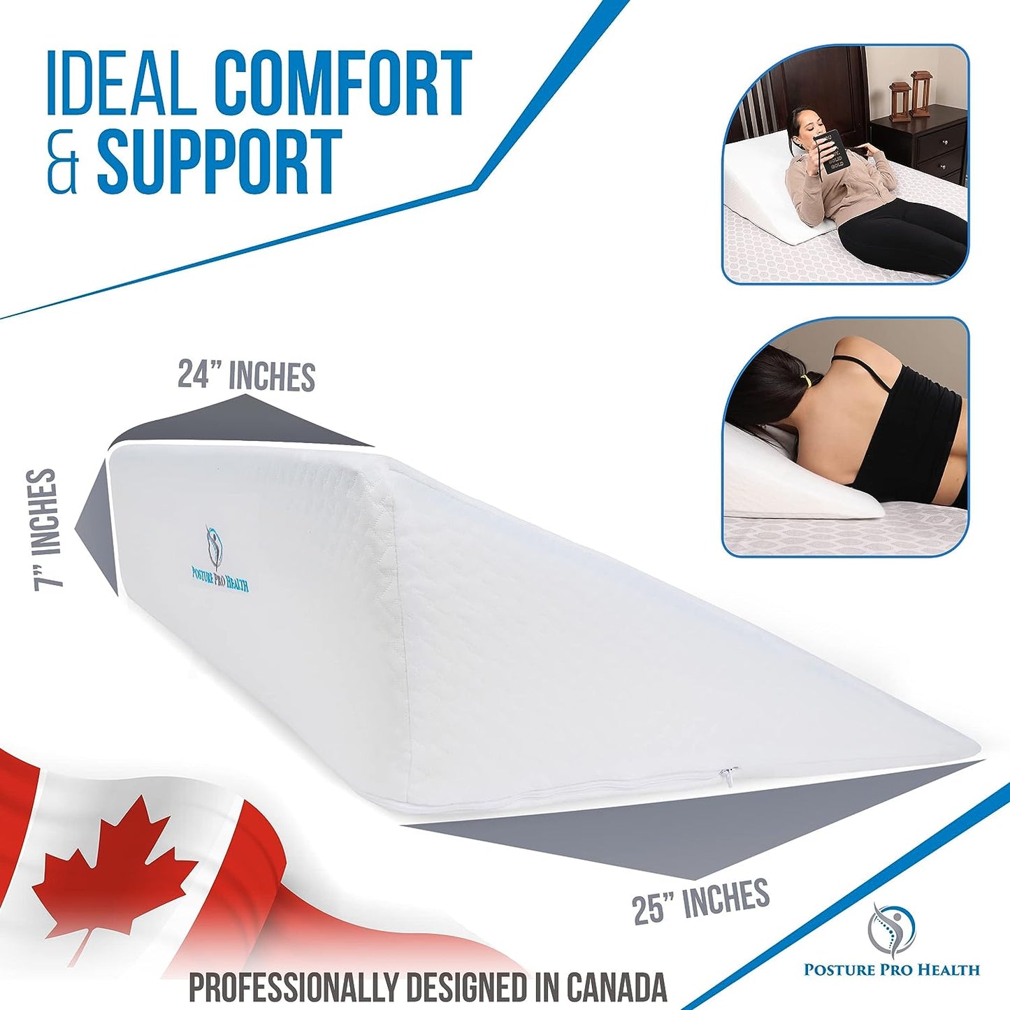Ergonomic Inclined Bed Wedge Pillow with Memory Foam Top - Sleeping Pillow to Assist with Acid Reflux, Snoring, Back and Neck Pain - Includes Washable Cover - Dimensions: 25" L x 24" W x 7" H