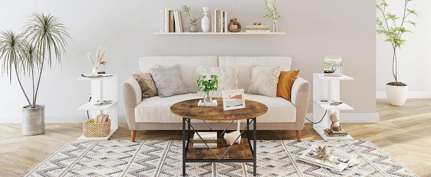 White End Table with Charging Station: Narrow Side Table for Small Spaces, USB Ports, Outlets, and 3 Shelves