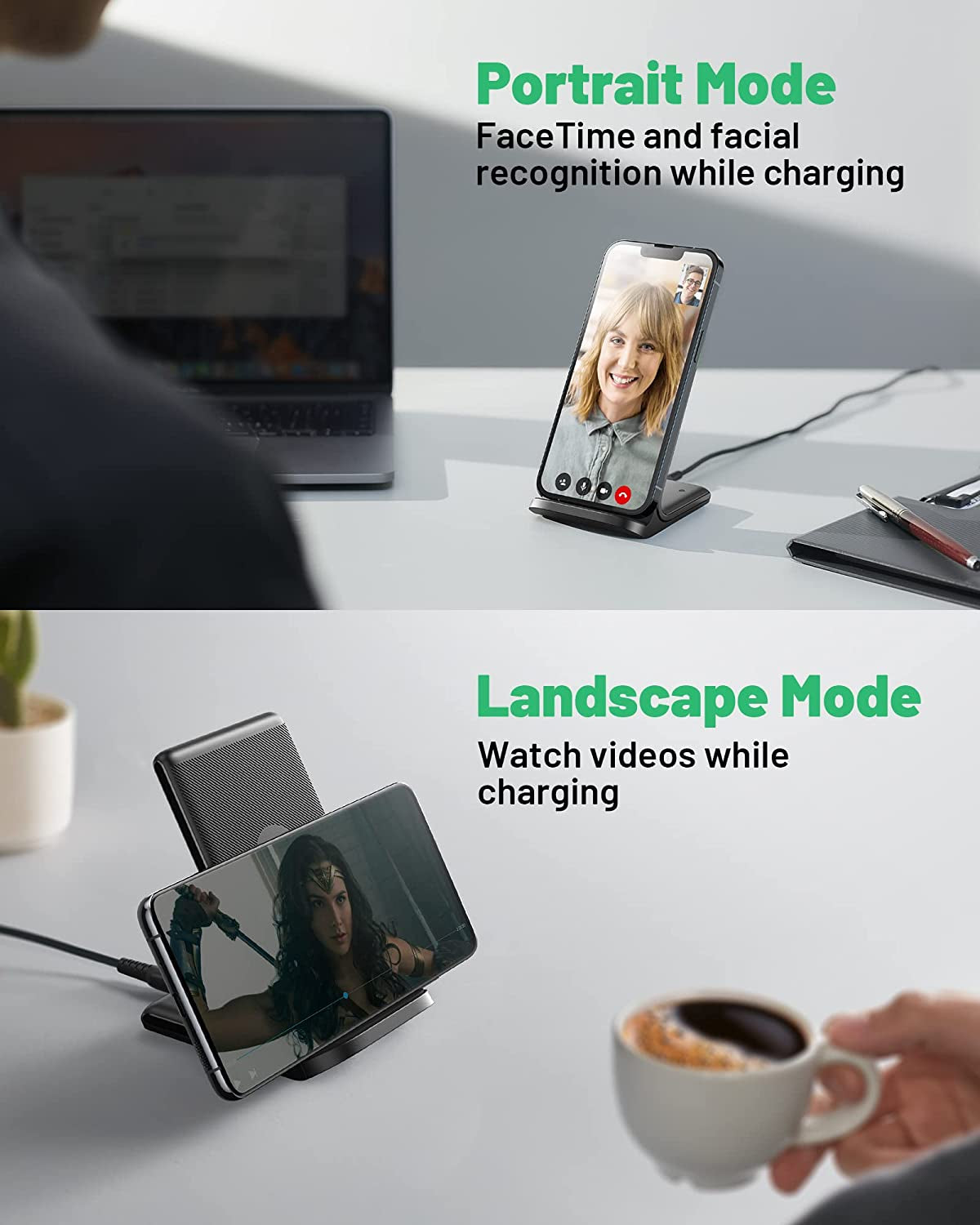 15W Qi-Certified Wireless Charging Stand: Fast Wireless Charger with Sleep-Friendly Adaptive Light. Compatible with iPhone 14, 13, 12 Pro, XR, XS, 8 Plus, Samsung Galaxy S21, S20, Note 20, and Google Phones. Color: Gray.