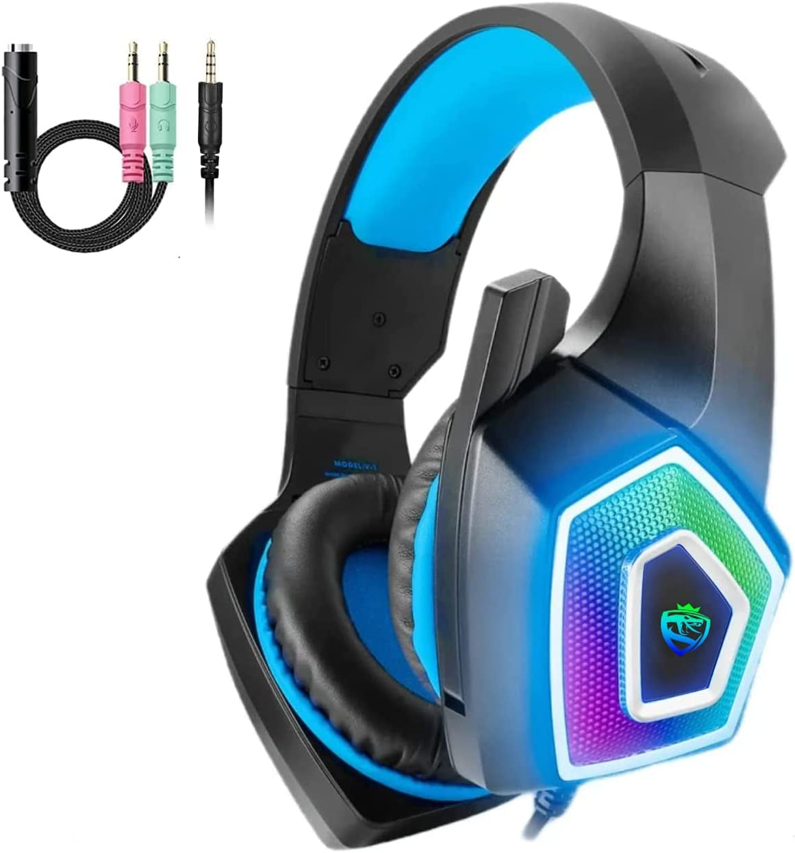 Stereo Over Ear Gaming Headphones for Xbox One, PS4, PS5, PC, Switch, Tablet, and Smartphone. Features Bass, 3.5mm Microphone, Noise Canceling, 7 LED Light, and Soft Memory Earmuffs. Includes Free Adapte