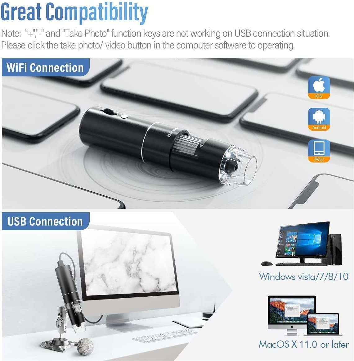 Portable Wireless Digital Microscope, 50X-1000X Magnification, WiFi Connectivity, Adjustable Stand, HD USB Microscope Camera for Iphone, Android, Ipad, Windows, Mac Computers