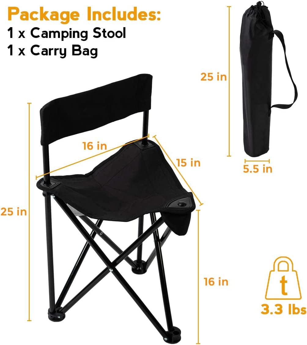 Folding Tripod Chair, a Lightweight and Portable Camping Chair that is easy to carry with the included Carry Bag. It's perfect for various outdoor activities such as Camping, Fishing, Hiking, and Hunting.