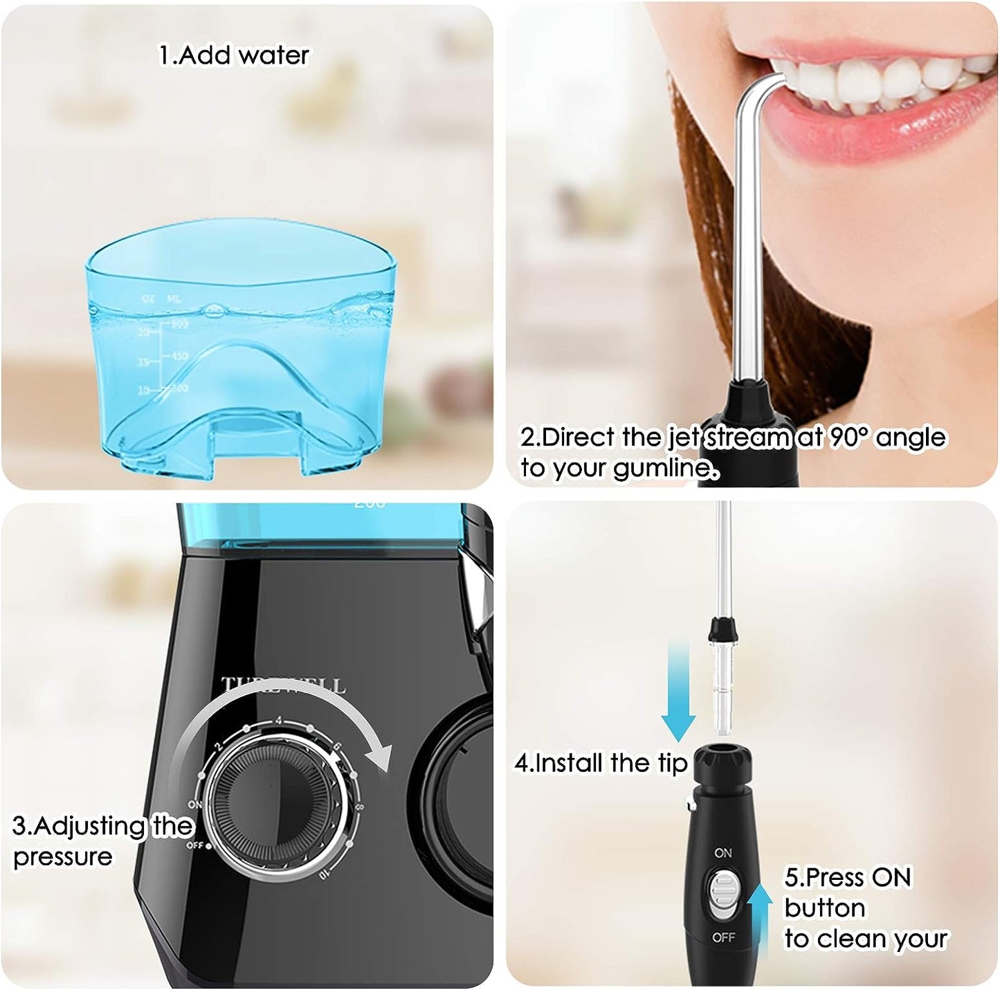 Dental Water Flosser - 600ML Electric Oral Irrigator with 10 Pressure Settings, Countertop Teeth Cleaning Device, 8 Replaceable Jet Tips - Suitable for Whole Families (Black)