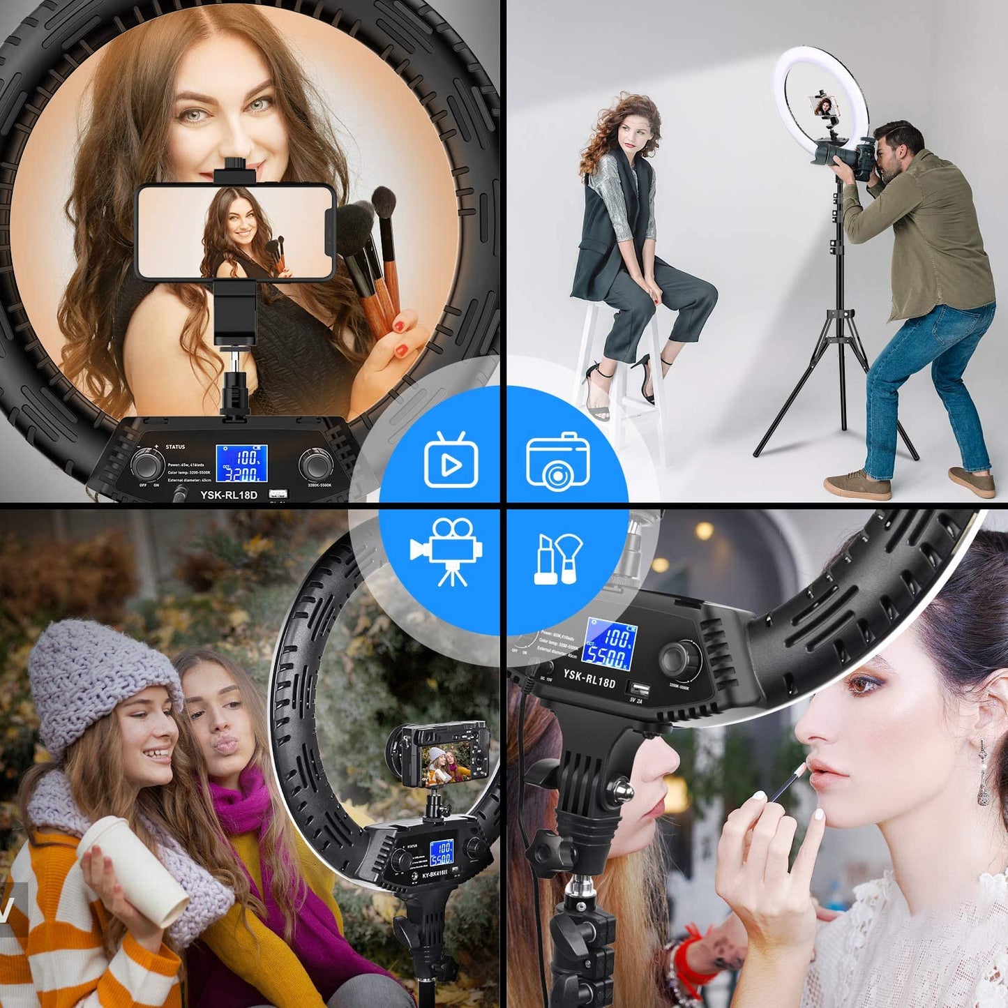 18" Ring Light with Wireless Remote and LCD Screen - Includes Tripod Stand - Features 65W LED Ringlight - Bi-Color Adjustable from 3200K to 5500K - Ideal for Portrait Photography, Live Streaming, TikTok Videos, Zoom Meetings, and Online Teaching.