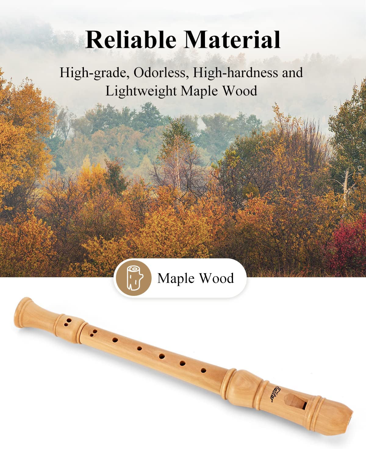 Soprano German Style Recorder for Beginner Kids - C Key Maple Wood 3 Piece Recorder Instrument with Hard Case, Fingering Chart, Cleaning Kit