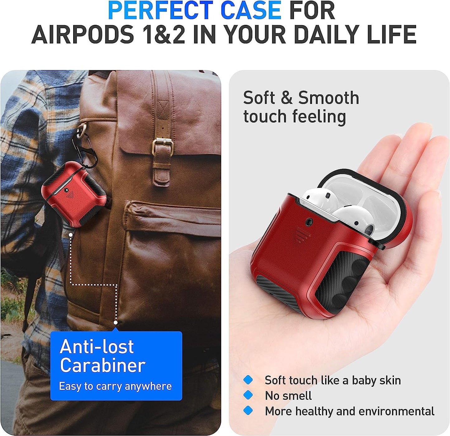AirPods Case Cover with Keychain - Full Body Rugged Shockproof Design for AirPod 2 & 1, Hard PC Silicone Rubber Carbon Fiber Non-Slip Case for AirPods Wireless Charging Case (Red)