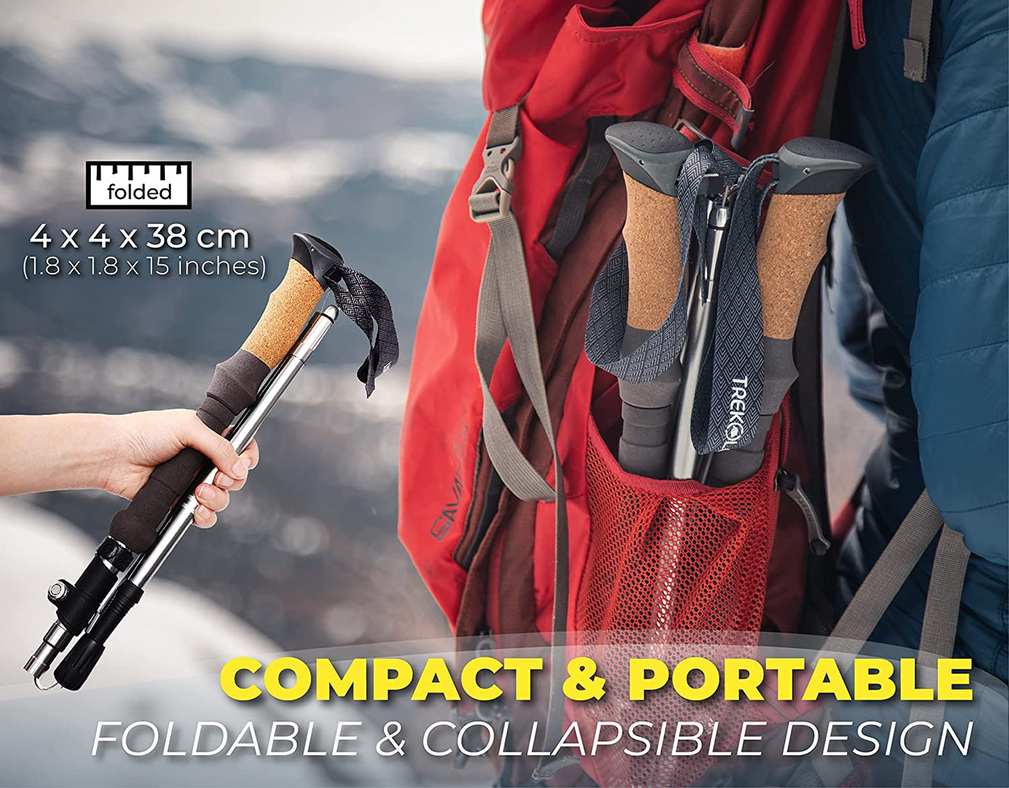 Collapsible Lightweight Hiking Poles - Nordic Walking Sticks for Seniors and Women - Cork Pole Grip - Trekking Gear