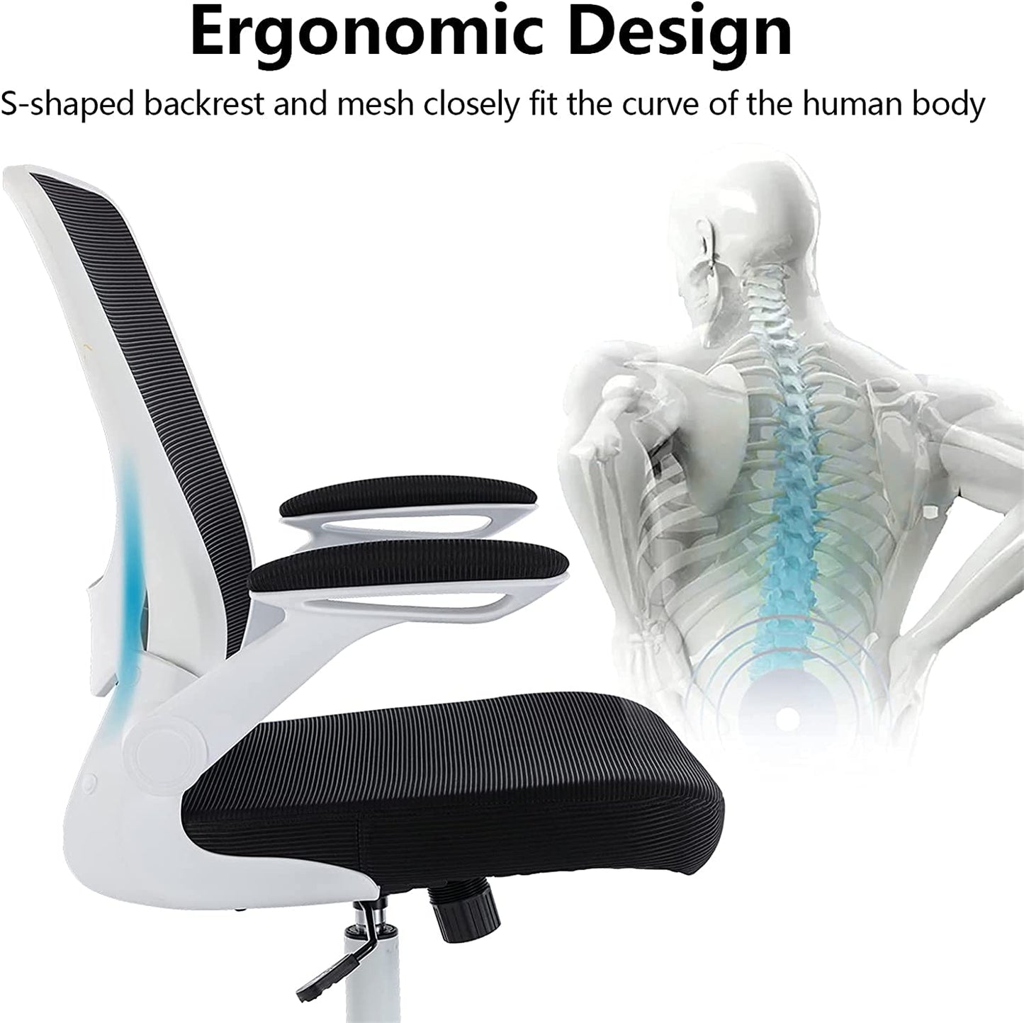 Ergonomic Office Chair - Breathable Mesh Design with Lumbar Support - Features Wheels and Flip-Up Arms - Swivel Task Chair - Adjustable Height - Suitable for Home or Gaming Use - Color: White