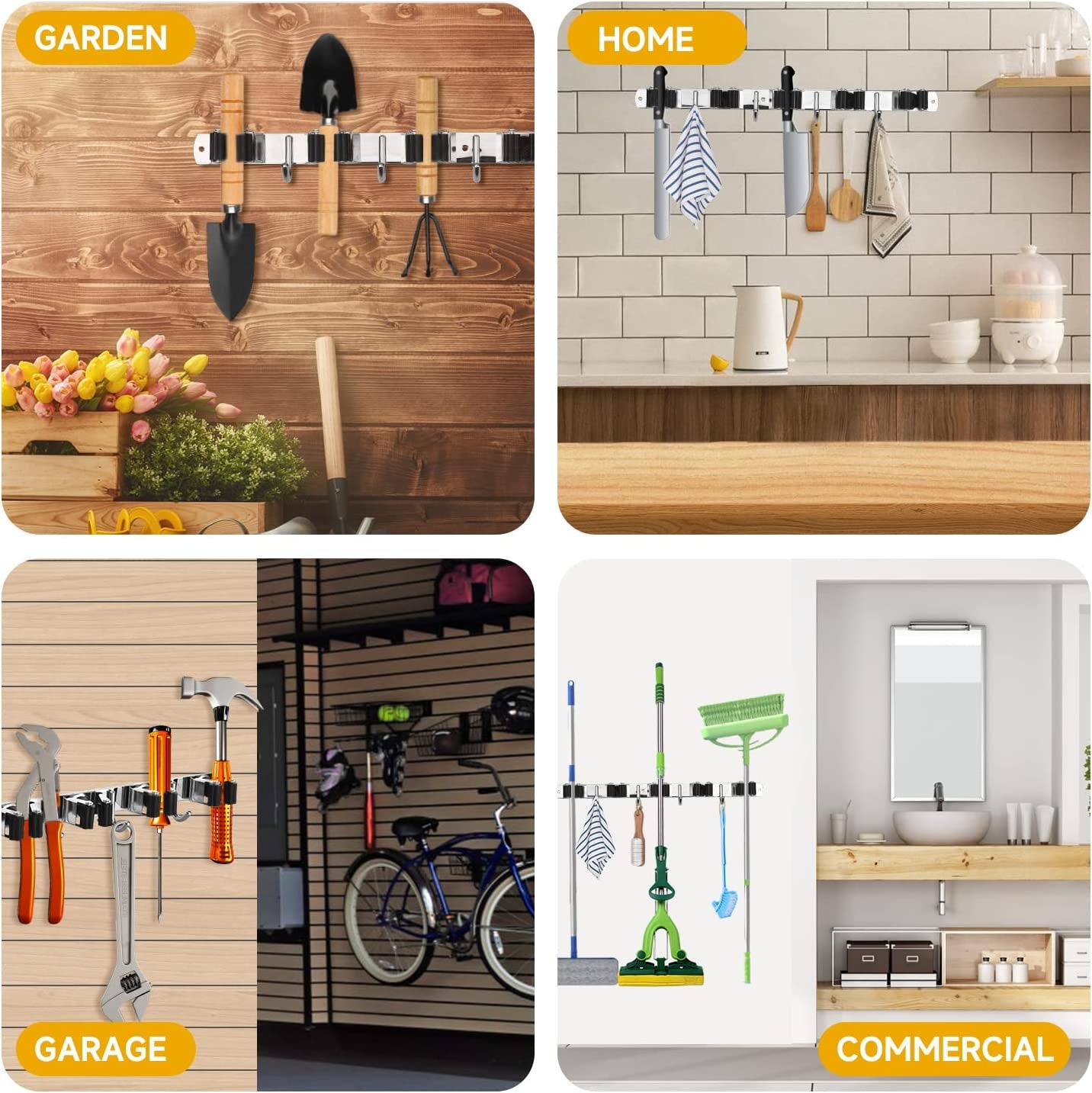 Wall-Mounted Mop and Broom Holder - Non-Slip Broom Organizer with Self-Adhesive Wall Mount, Features 5 Racks and 4 Hooks for Stainless Steel Tools Rack, Ideal for Broom Storage in Kitchen, Garden, or Garage.