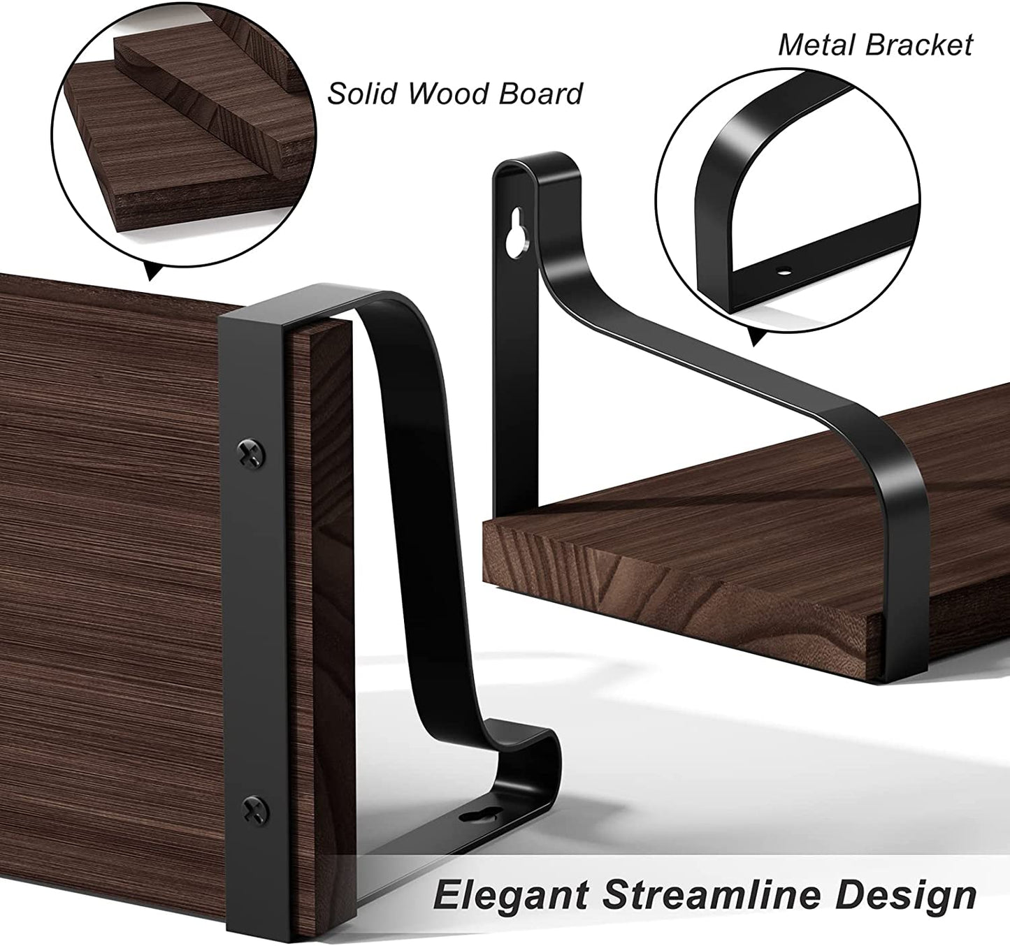 Set of 3 Floating Shelves - Wall Mounted - Rustic Wood Design - Ideal for Bedroom, Living Room, Bathroom, Kitchen, Office, and More - Color: Dark Walnut - Offers Stylish Wall Storage.