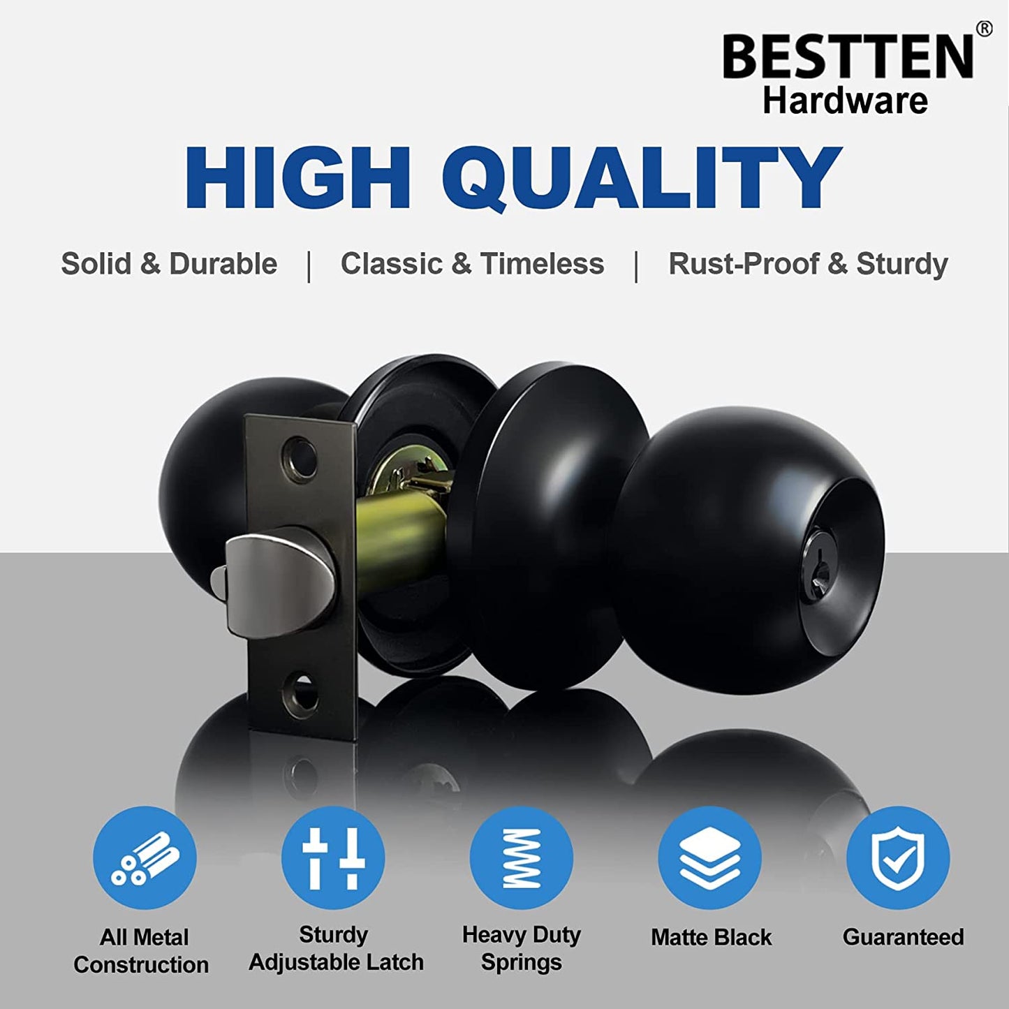 Matte Black Keyed Entry Door Knob - A Standard Ball-Shaped Entrance Door Lock with a Key, Constructed from All Metal for Durability.