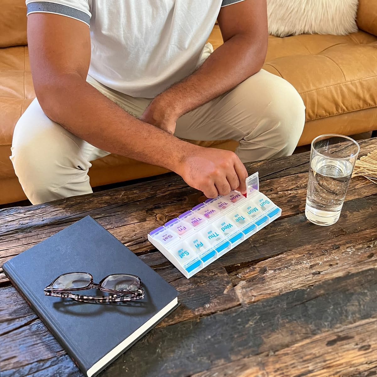 Push Button (7-Day) Pill Case - Organizes Medicine and Vitamins - 2 Times a Day AM/PM Slots - Large Compartments - Designed for Arthritis-Friendly Use - Features Clear Lids in Purple/Blue Color.