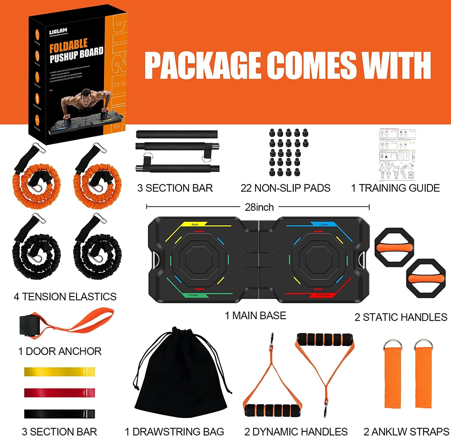Multi-Functional Push Up Board with Resistance Bands and Pilates Bar - Full Body Home Gym Workout Equipment for Perfect Pushups and Strength Training - Ideal for Men and Women