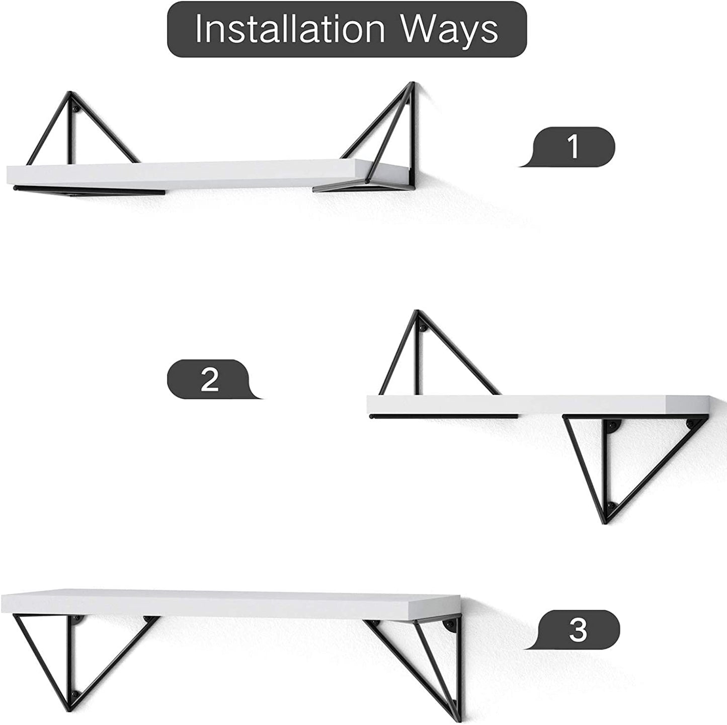 Set of 3 Floating Shelves - Wall Mounted - Rustic Design - Suitable for Bedroom, Bathroom, Living Room, and Kitchen - Color: White - Offers Stylish Wall Storage.