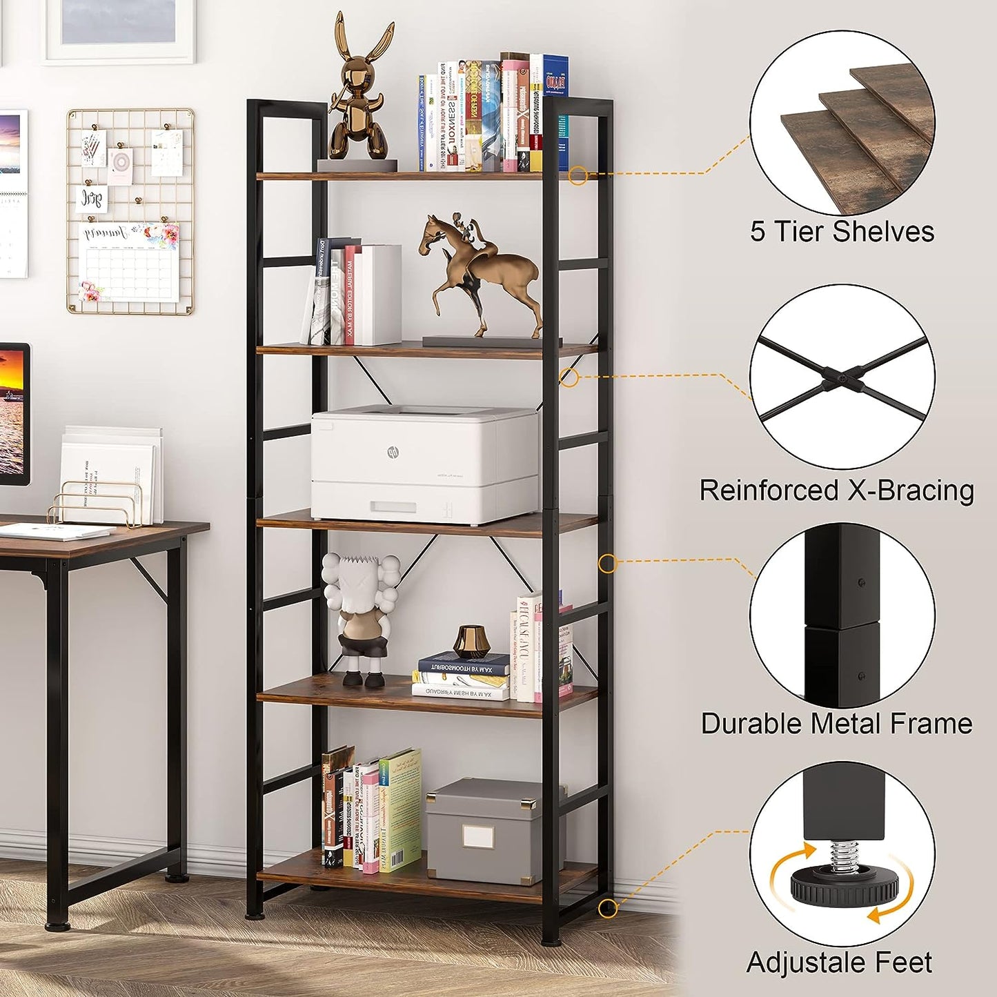 Rustic 5-Tier Industrial Bookshelf - 24x11.8x63 inches, Wood and Metal, Open Shelves, Living Room, Bedroom.