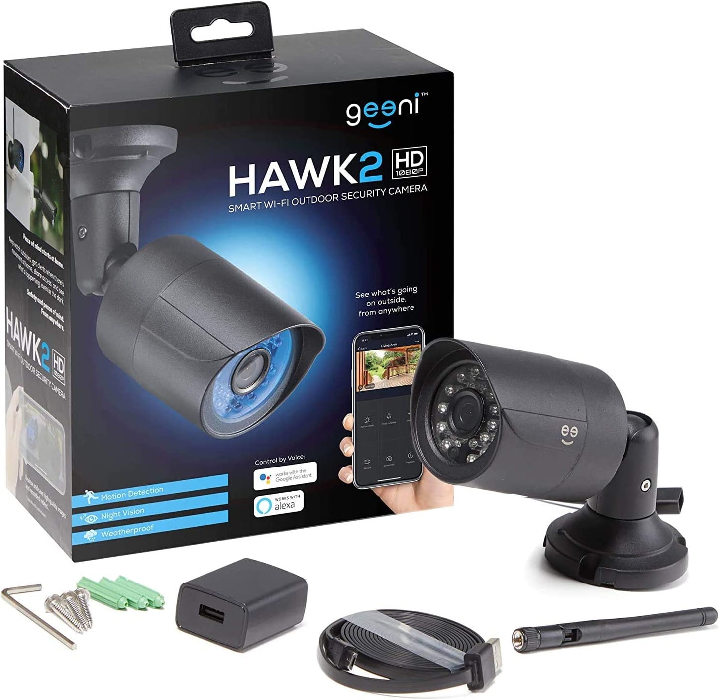 Outdoor Security Camera HD Hawk 2 - 1080P Wifi Surveillance Camera, Weatherproof IP66, Night Vision and Motion Detection, Works with Alexa and Google Assistant, No Hub Needed (Black)