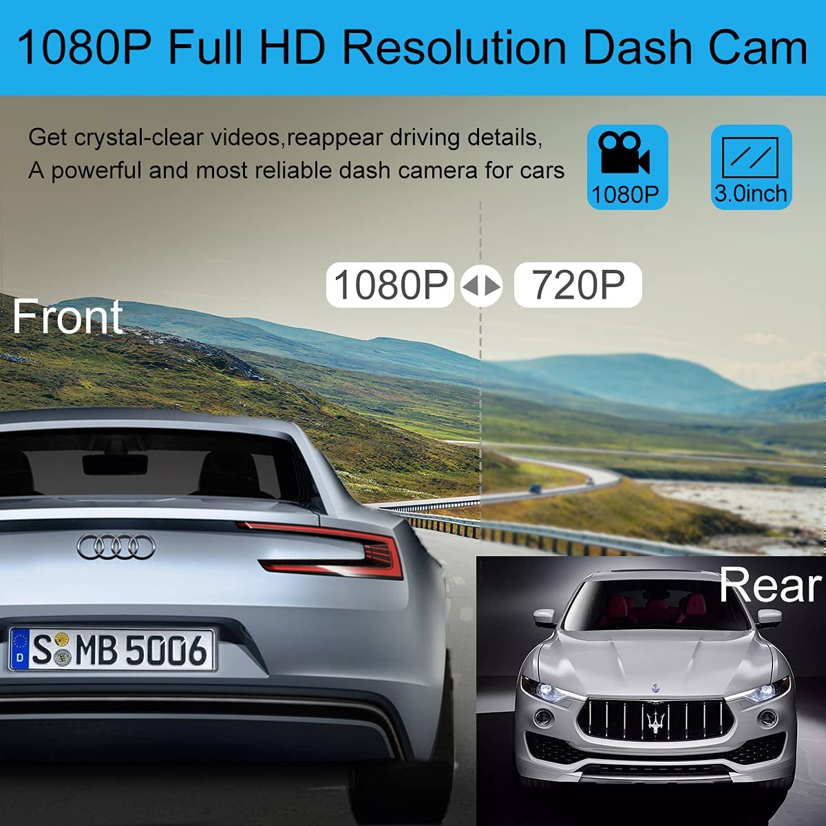 Front and Rear Dash Cam, Dash Cams 1080P FHD Dashboard Camera with 3" IPS Screen, Night Vision, 170° Wide Angle, Loop Recording, Motion Detection, Parking Monitor, G-Sensor, and SD Card Included