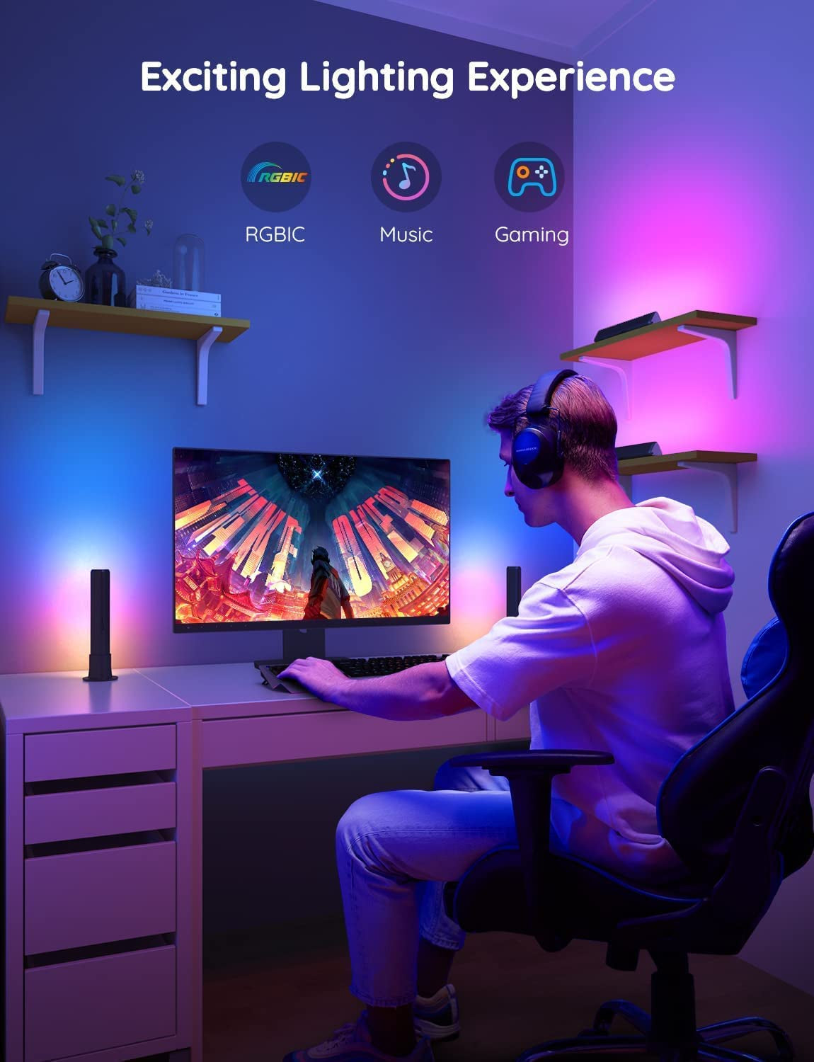 Flow Plus Smart LED Light Bars: Gaming Lights with RGBICWW Wifi. Work with Alexa and Google Assistant. Features Scene Modes and Music Modes. Perfect for Gaming, Pictures, PC, TV, and Room Decoration