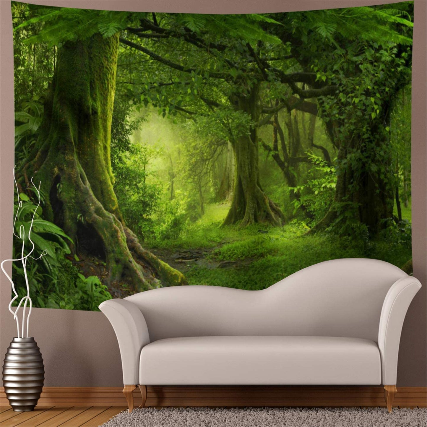 Virgin Forest Tapestry - Features Green Trees in Misty Forest - Nature Scenery Wall Hanging - Perfect for Living Room and Bedroom Decor.