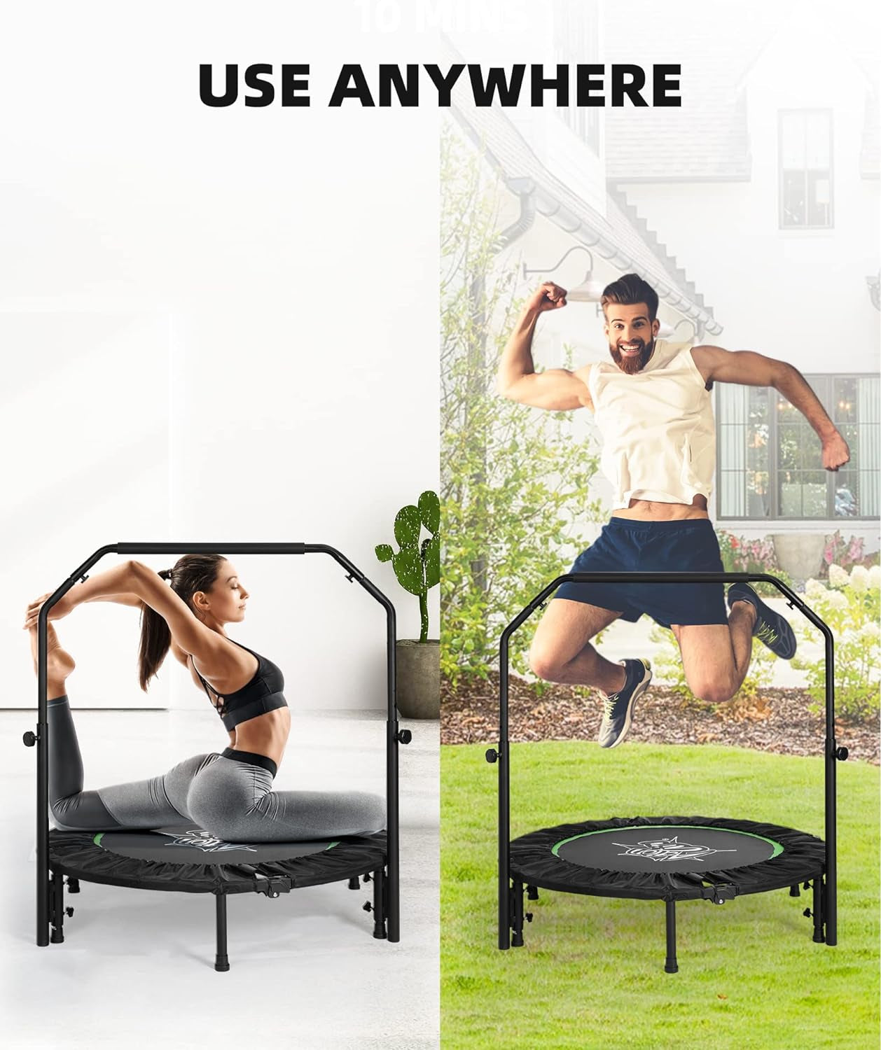 Folding Mini Trampoline with Adjustable Handle, Indoor and Outdoor Rebounder, Small Trampoline with Safety Pad, Maximum Weight Capacity of 220 lbs and 260 lbs