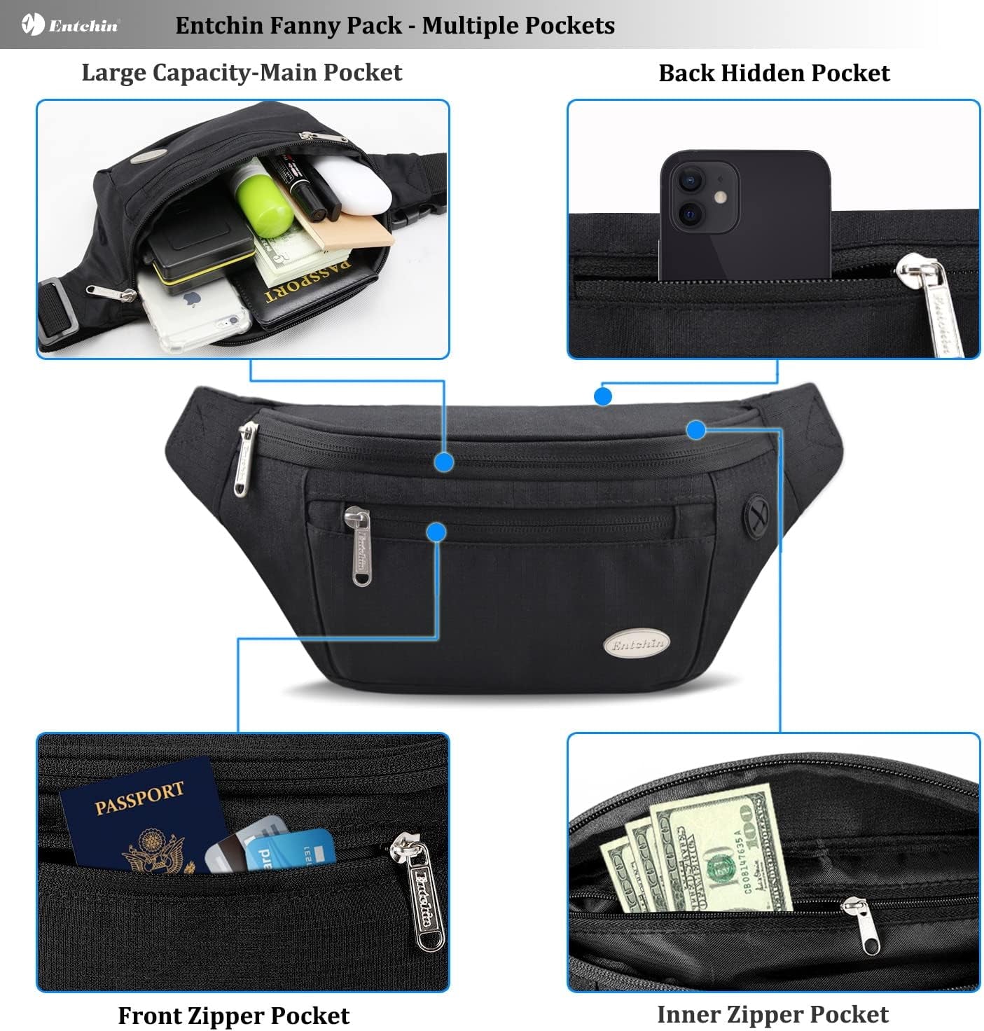 Multi-Pocket Fanny Pack - Stylish Waist Pack for Women and Men - Perfect for Hiking, Running, Travel, and Cycling.