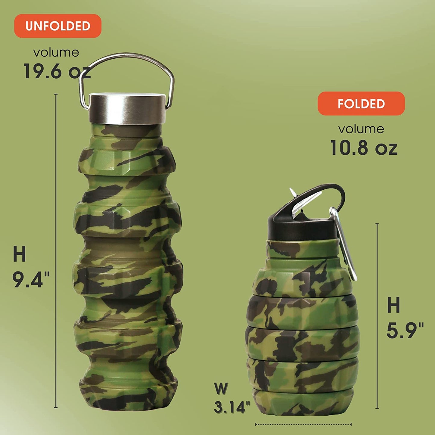 20 oz Camo Collapsible Water Bottle with 2 Lids, Carabiner, and Box - Ideal for Hiking, Camping, and as a Gift for Men - Portable Army Military-style Gym Bottle.