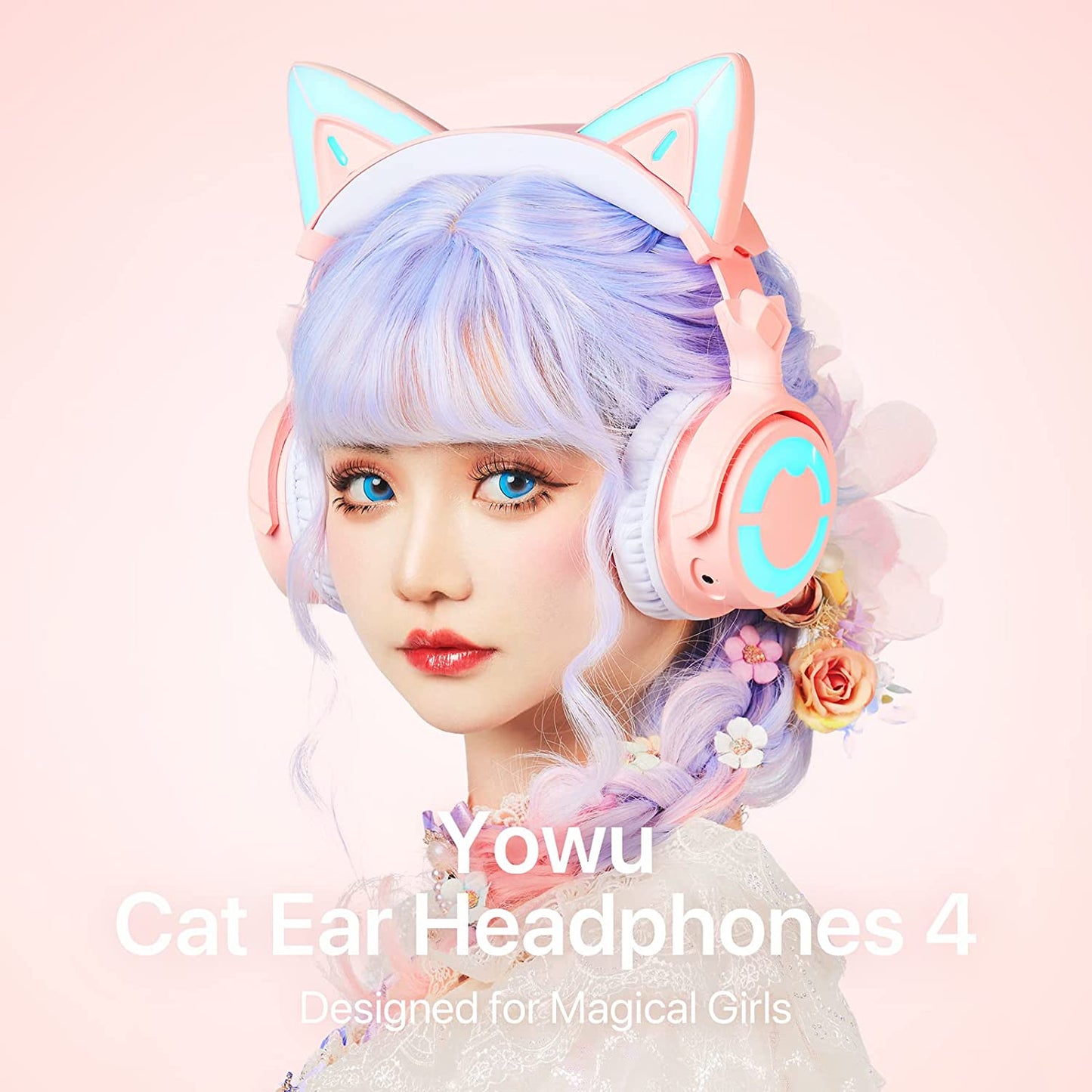 Pink RGB Cat Ear Headphone 4: Upgraded Wireless & Wired Gaming Headset with Attachable HD Microphone. Features Active Noise Reduction, Dual-Channel Stereo, and Customizable Lighting and Effects via APP.