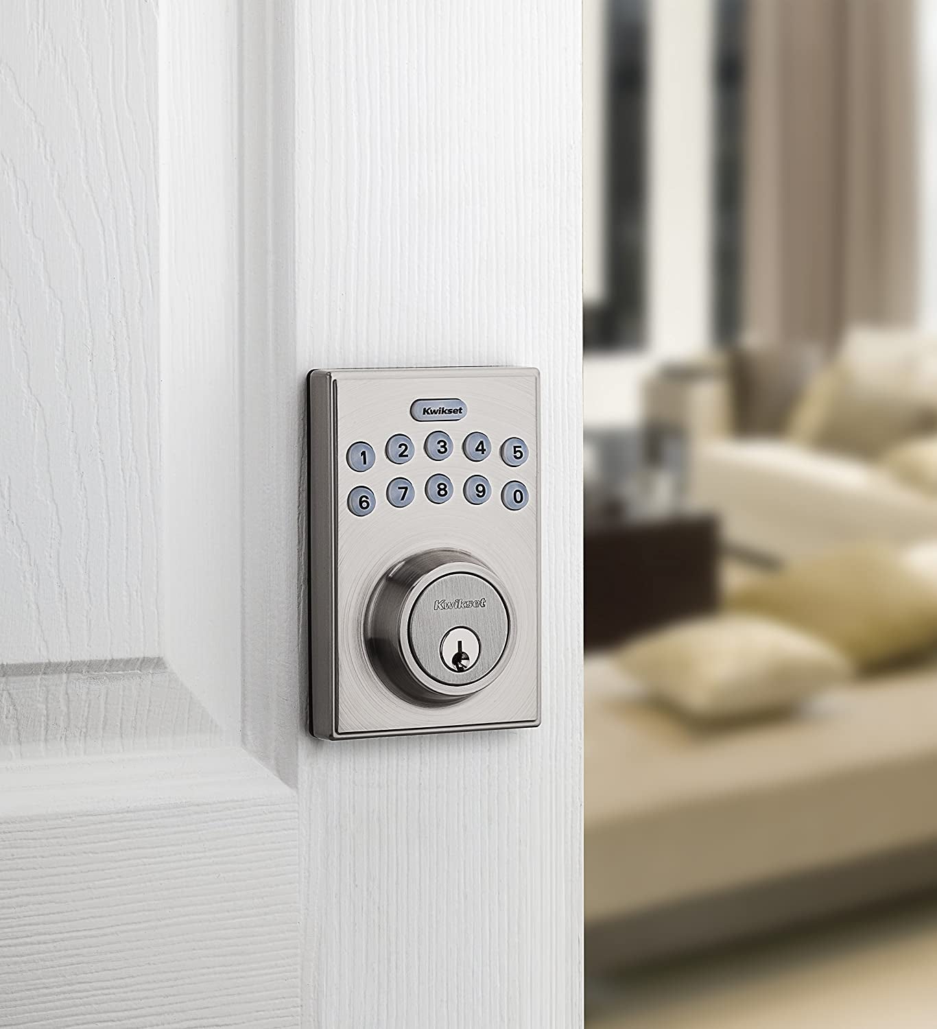 Contemporary Electronic Keypad Single Cylinder Deadbolt - Features 1-Touch Motorized Locking Mechanism, Comes in a Satin Nickel Finish, and Measures 8 x 4 x 6 inches.