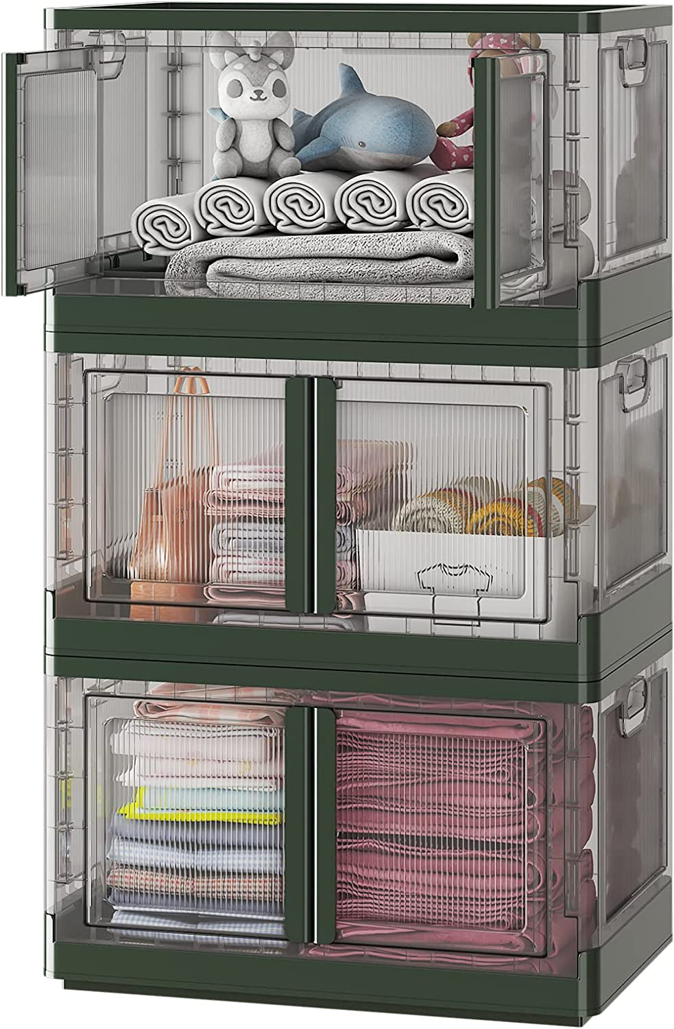 19 Gal Storage Bins with Lid, 3 Pack Folding Storage Box, Collapsible Closet Organizers and Storage Box for Clothes, Plastic Stackable Storage Bins for Bathroom, Bedroom, Green