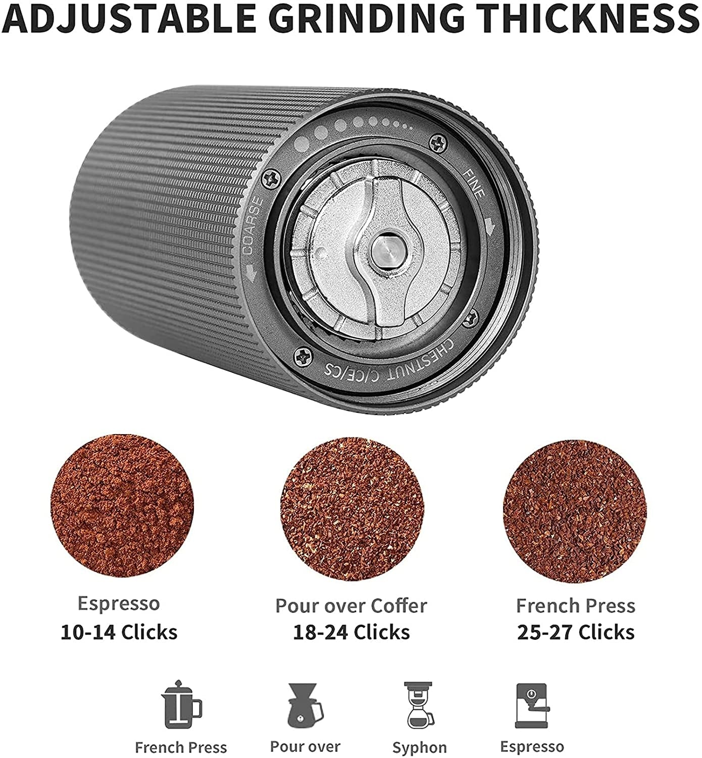 Chestnut Manual Coffee Grinder - Burr Coffee Grinder - Capacity: 30g - Equipped with CNC Stainless Steel Conical Burr - Color: Black.