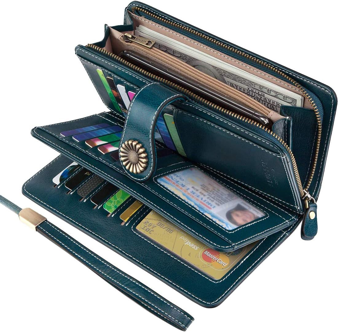 Genuine Leather Women's RFID Blocking Wallet Blue - Clutch Style with Card Holder Organizer and Purse Functionality, Available in Blue; Measures 7.6 x 1.37 x 4.1 inches, Features Zipper Closure, Snap Closure, and Trifold Closure for Added Security.