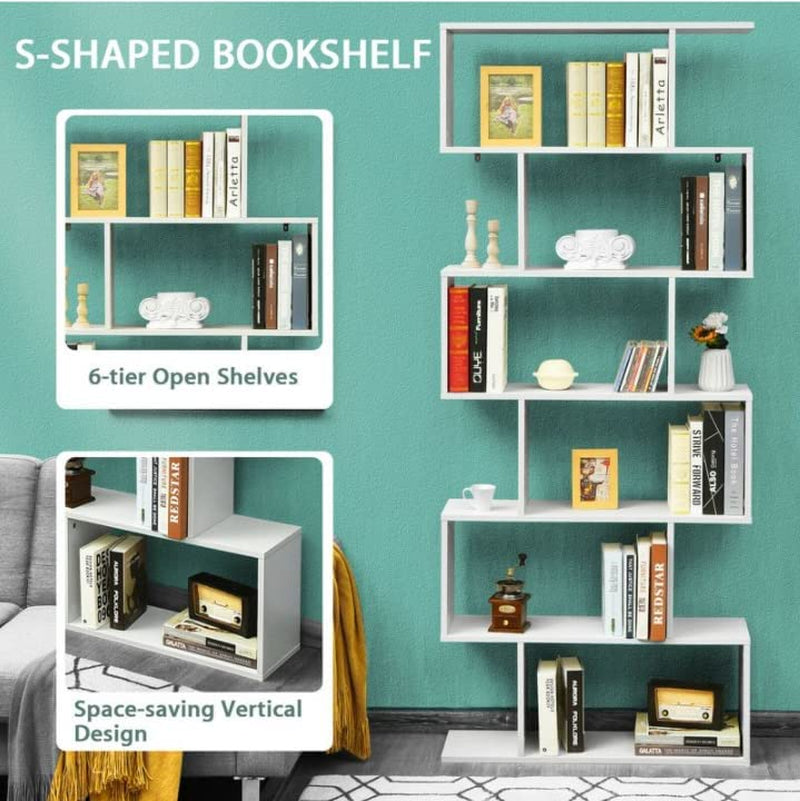 6-Tier Wooden S-Shaped Bookshelf in White - Ideal for Living Room, Bedroom, and Study Room Display.