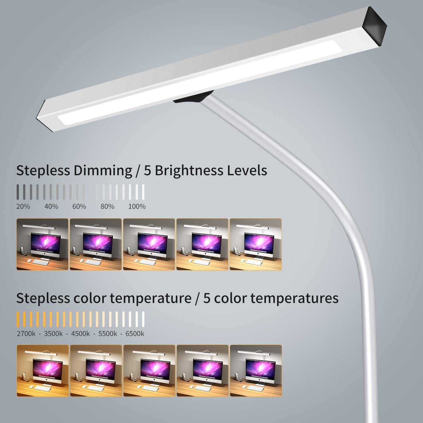 White Modern LED Desk Lamp: Eye-Caring Desk Light with Clamp, Ideal for Home Office and Studio Monitor. The Architect Desk Lamp features 360° Rotation Gooseneck, AC Adapter, 5 Color Modes, and Stepless Dimming