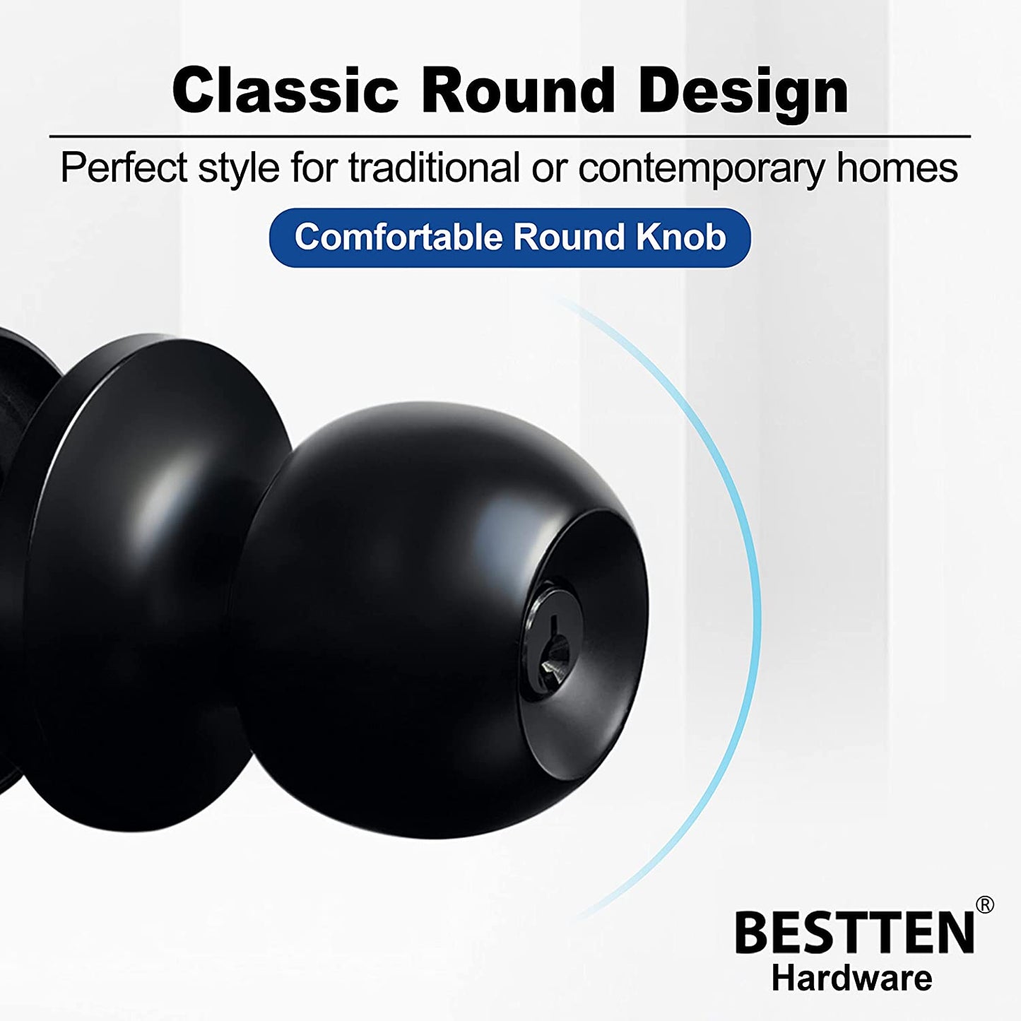 Matte Black Keyed Entry Door Knob - A Standard Ball-Shaped Entrance Door Lock with a Key, Constructed from All Metal for Durability.