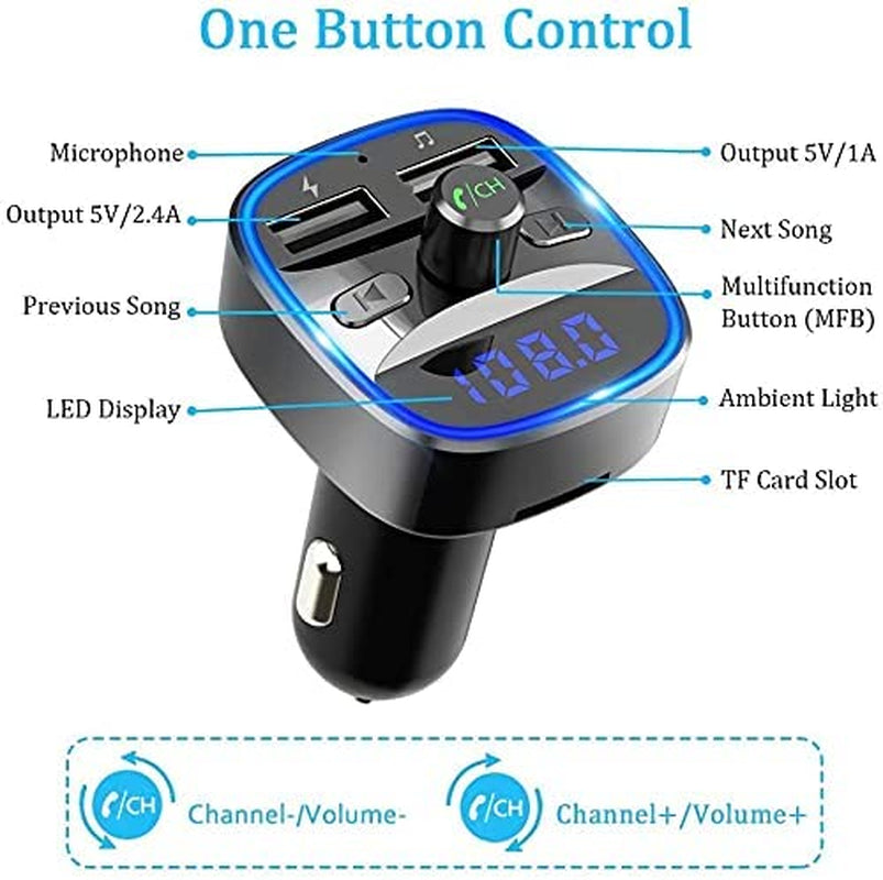 Bluetooth 5.0 FM Transmitter with Ambient Light, Dual USB Ports, Hands-Free Calling, and SD Card/USB U-Disk Support