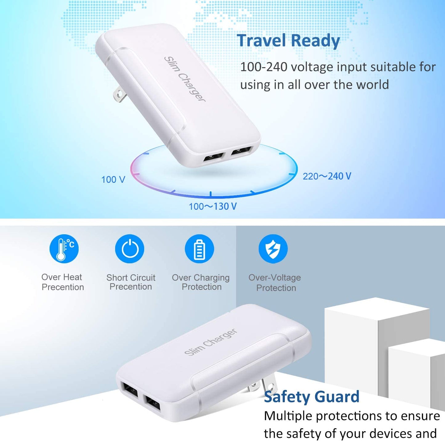 Dual Port USB Wall Charger with Foldable Plug - Slim, Portable Travel Adapter for iPhone, Samsung Galaxy, Nokia, Moto, Pixel, and More - White