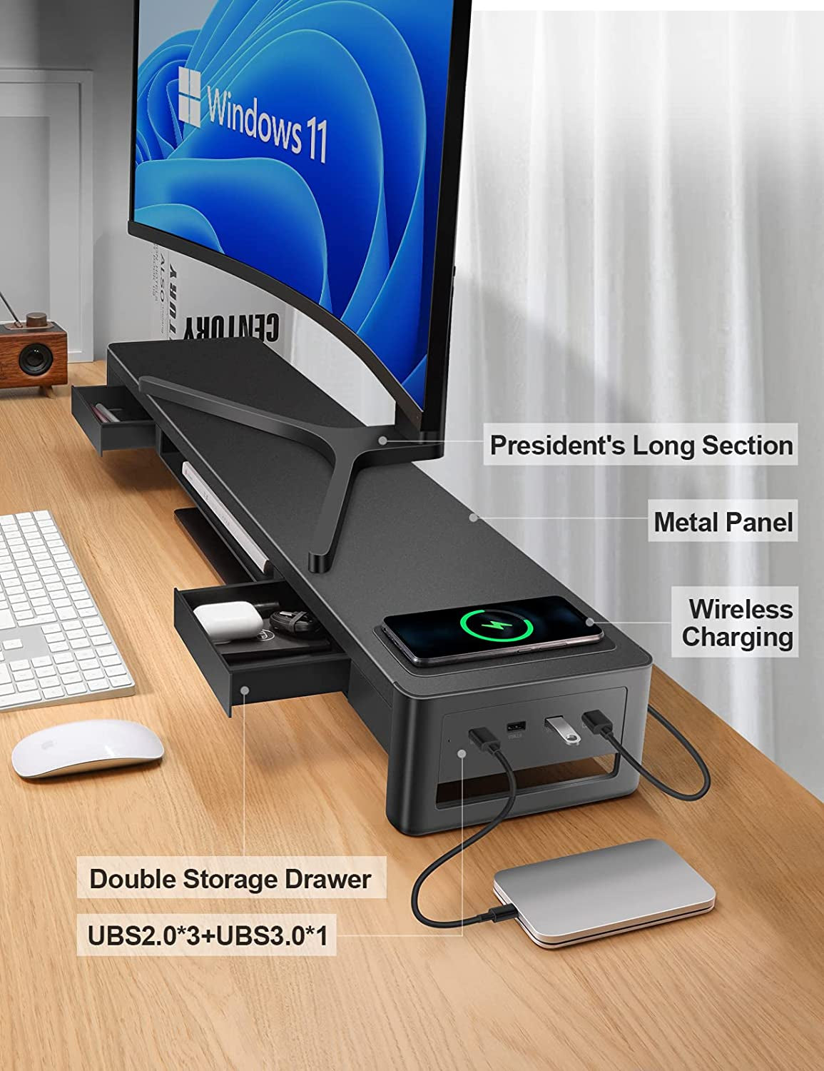 3 In 1 Dual Monitor Stand Riser with Drawers, USB Ports, and Data Transfer Support - Metal Computer Monitor Stand for Enhanced Organization and Device Connectivity - Suitable for PC, Laptop, and iMac