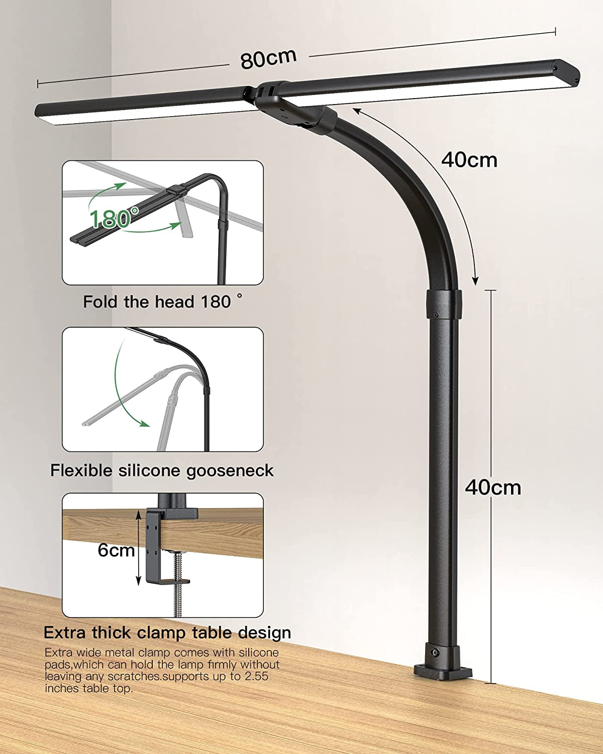 Desk Lamps for Home Office - Wide Double Head Architect Desk Lamp with Clamp, Eye-Caring Computer Monitor Light (32 Inch)