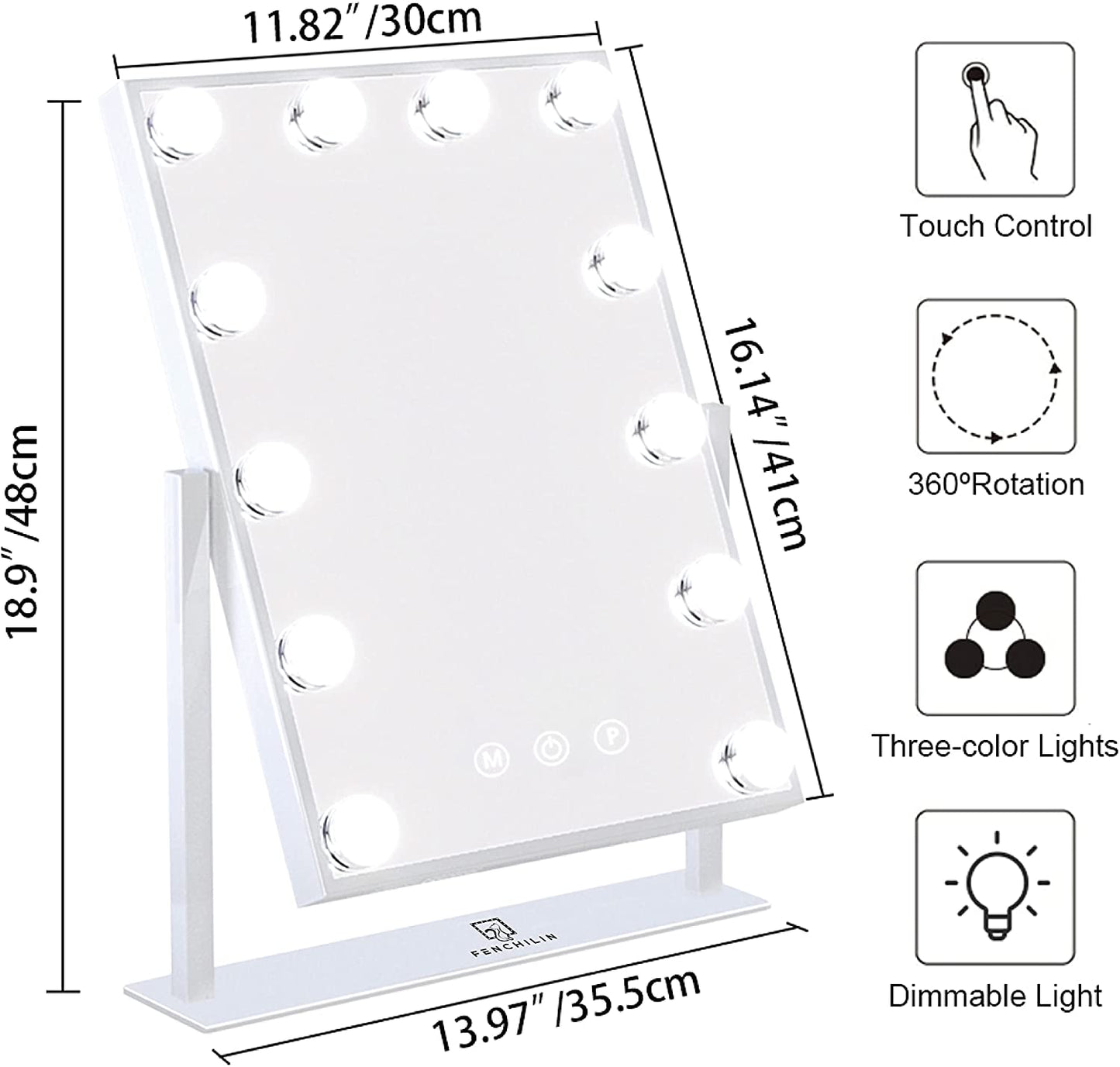 Hollywood-style Lighted Makeup Mirror - Vanity Mirror with Smart Touch Control - Features 3 Dimmable Light Colors - Includes Detachable 10X Magnification - Offers 360° Rotation - Elegant White Design.