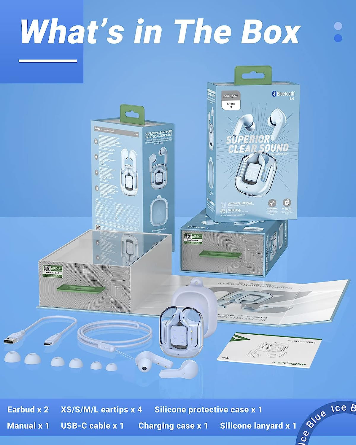 Bluetooth Wireless Earbuds - Translucent Earphones with ENC Noise Canceling, Hifi Dual Stereo Microphone, Mini In-Ear Earbuds with Touch Control, Charging Case, and LED Digital Display