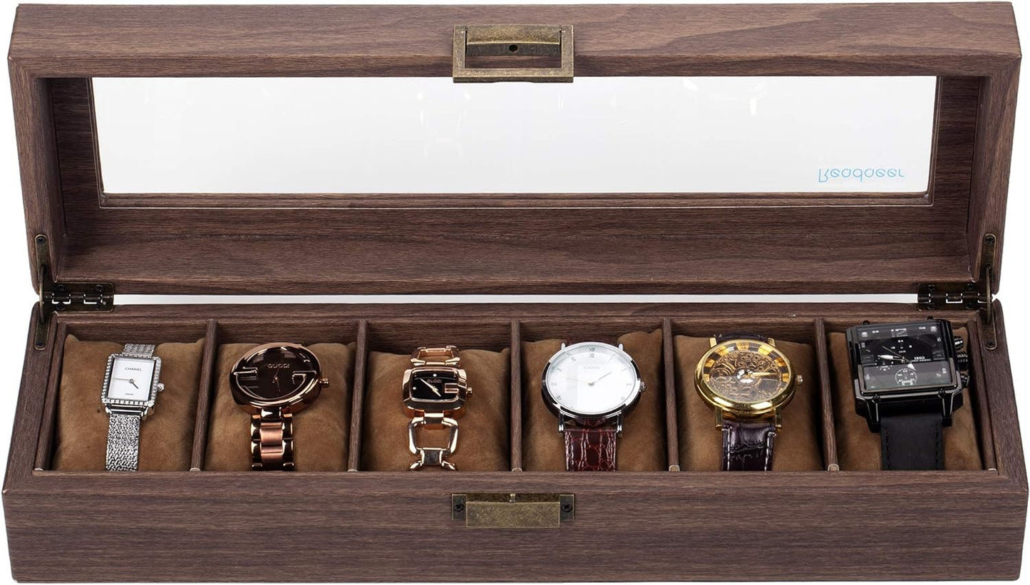 Men's Wood Grain PU Leather Watch Box Organizer with Glass Top and Removable Storage Pillows