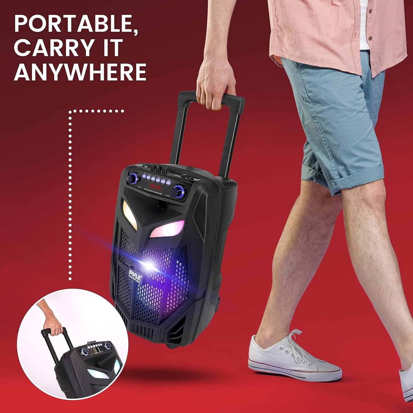 Portable Bluetooth PA Speaker System - A 600W 10-Inch Outdoor Bluetooth Speaker that comes with 2 Wireless Microphones, Party Lights, USB and SD Card Reader, FM Radio, Rolling Wheels for easy transport, and a Remote Contro