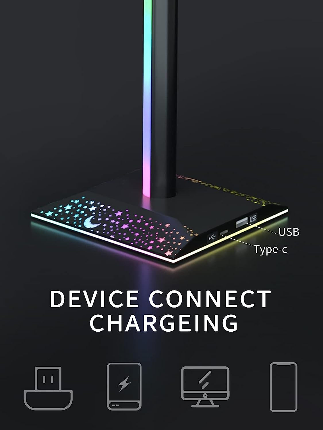 Gaming Headphone Stand with RGB Lighting: Desktop PC Gaming Accessories. Features 10 Light Modes and Non-Slip Rubber. The perfect gift for Husband, Kids, Boyfriend.