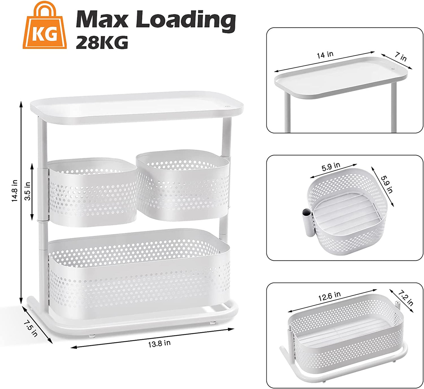 Rotating 3-Tier Bathroom and Kitchen Organizer in White: An Ideal Vanity and Spice Rack Storage Solution for Countertops