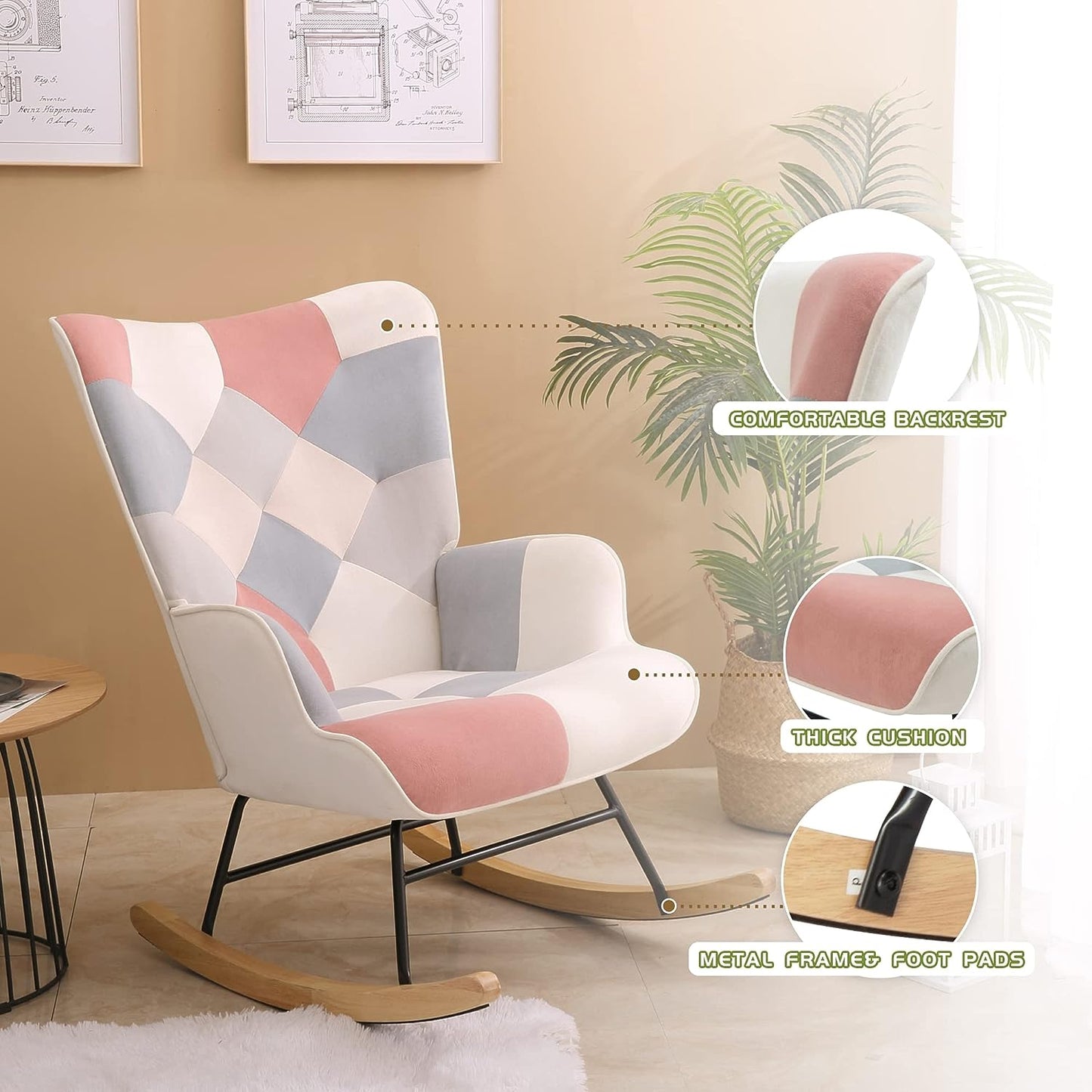 Accent Rocking Chair With Wooden Legs - Mid Century Fabric Rocker Patchwork Linen for Livingroom Bedroom, Pink