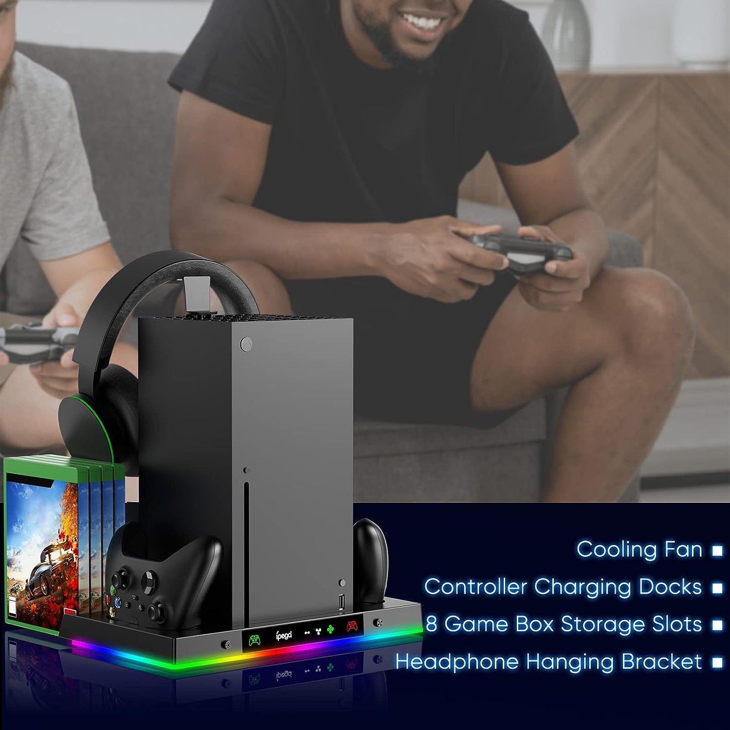 Cooling Fan Stand Charging Station for Xbox Series X Console and Controller -15 RGB Color Light, Vertical Dual Charger Dock - 3-Levels Cooler Fan System