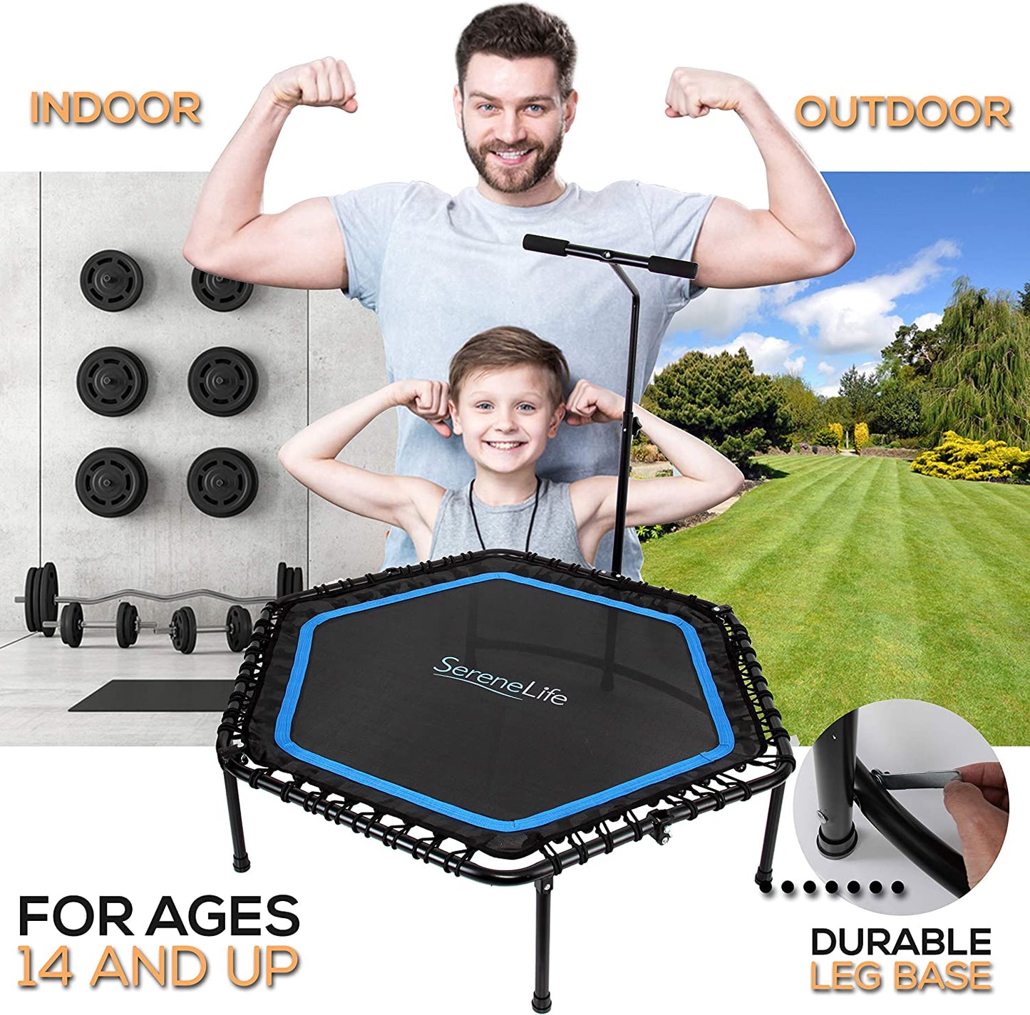 Fitness Exercise Rebounder Mini Trampoline - 48" Inch Jump Exercise Equipment with Adjustable Handle, for Adults - Ultimate Indoor/Outdoor Workout Training
